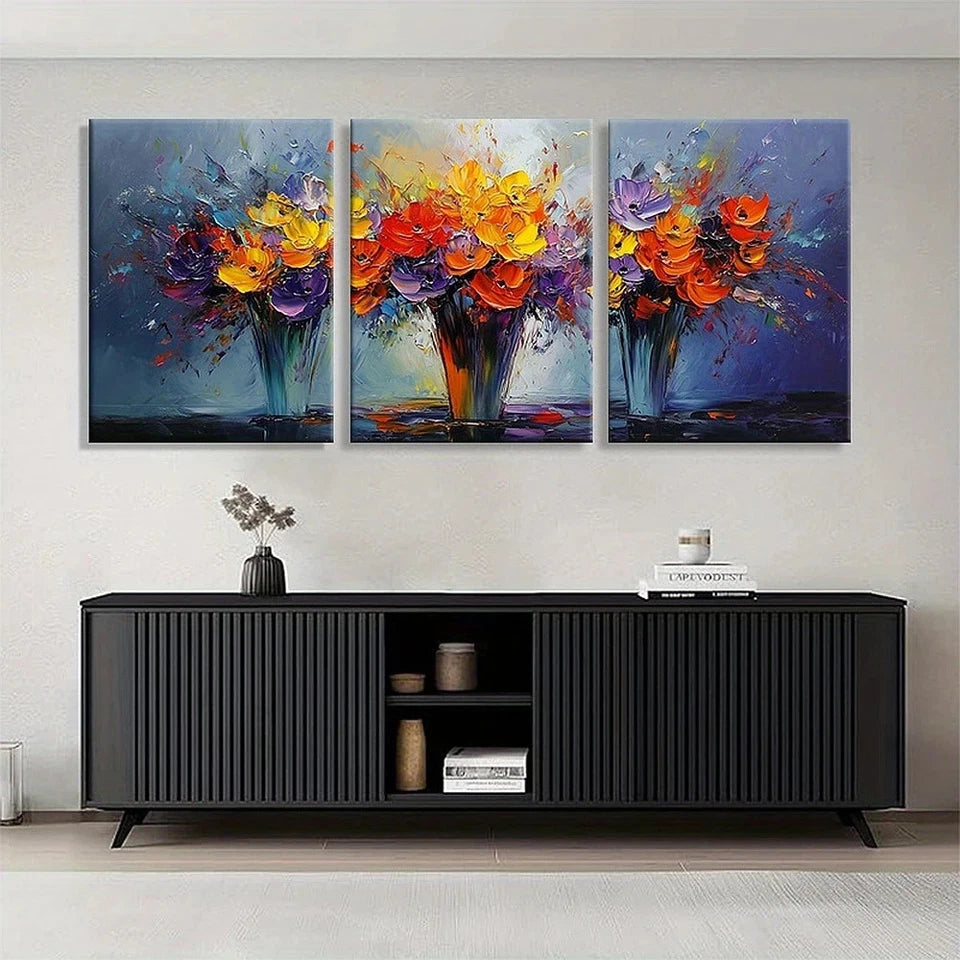 3pcs Vibrant Bouquet Colorful Oil Painting Metal Print Ready to Hang Art