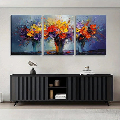 3pcs Vibrant Bouquet Colorful Oil Painting Metal Print Ready to Hang Art
