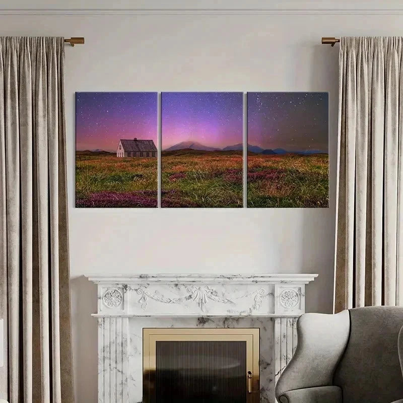 3pcs Starry Night Scene Grassland & Cabin Wall Art Set Canvas Framed 40x60cm - High Quality Print 100% Australian Made Wall Canvas Ready to Hang