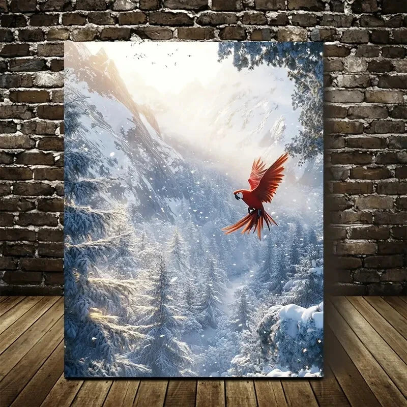 Parrot Swinging from Trees on a Snowy Painting 40x60cm Metal Print Ready to Hang