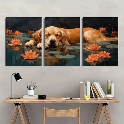 3pcs Golden Retriever Dog with Lotus Flowers Metal Print Ready to Hang Art
