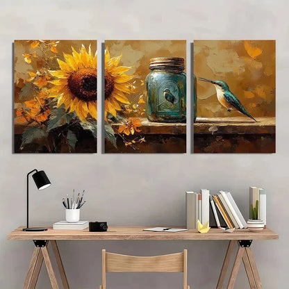 3pcs Sunflower Mason Jar Hummingbird Metal Print Ready to Hang Art