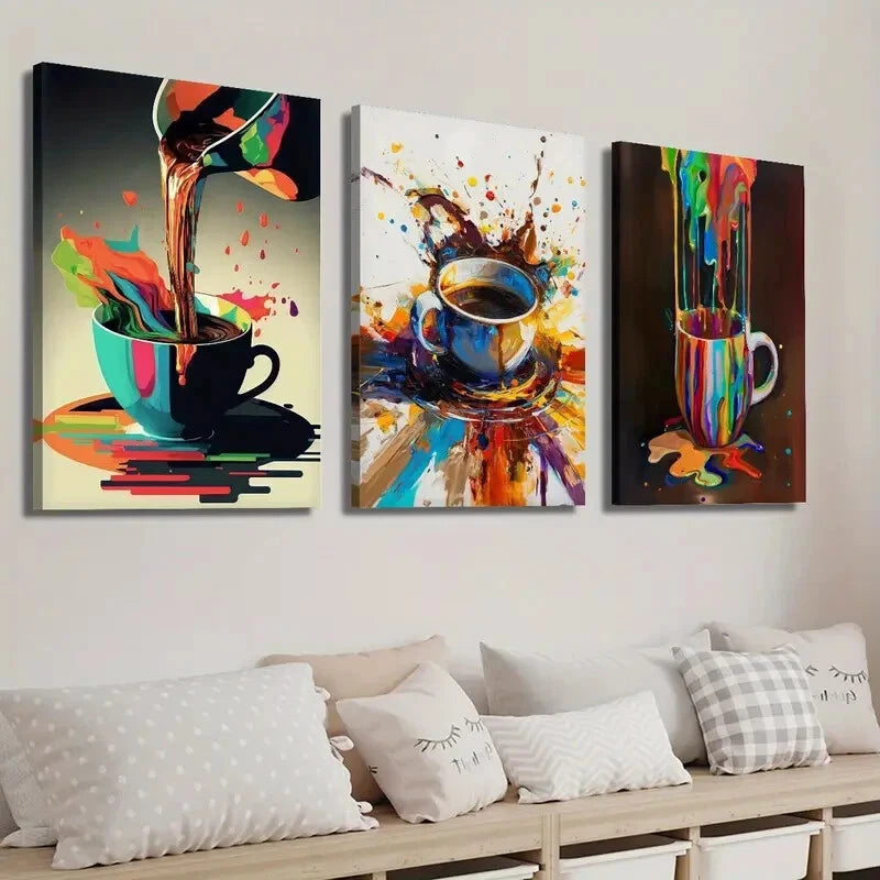 3pcs Vibrant Coffee Splatter Colorful Perfect Wall Art Set Canvas Framed 40x60cm - High Quality Print 100% Australian Made Wall Canvas Ready to Hang