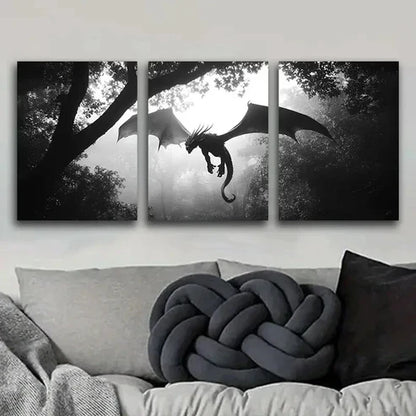 3pcs Dragons in the Sky Dark Fear Danger Wall Art Set Canvas Unframed - High Quality Print 100% Australian Made Wall Canvas