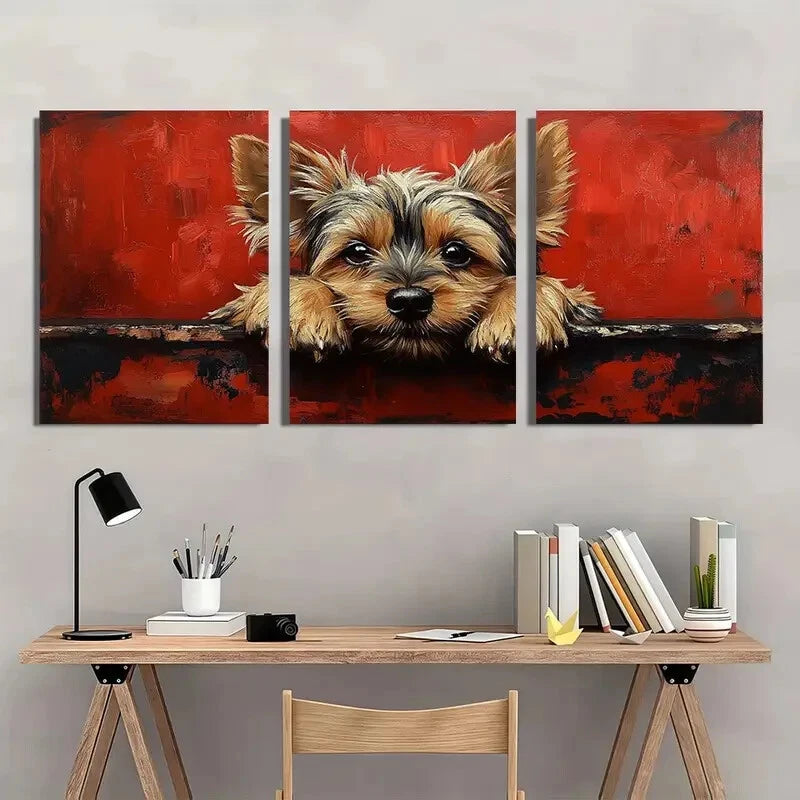 3pcs Vibrant Red Dog Heartwarming Metal Print Ready to Hang Art