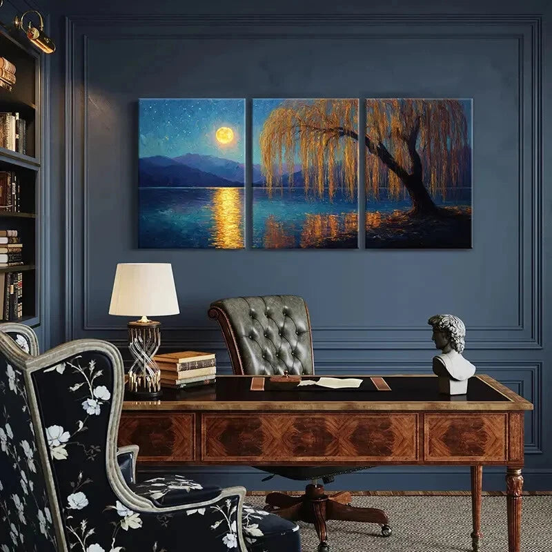 3pcs Moonlit Willow Reflection Night Sky Metal Print Ready to Hang Art