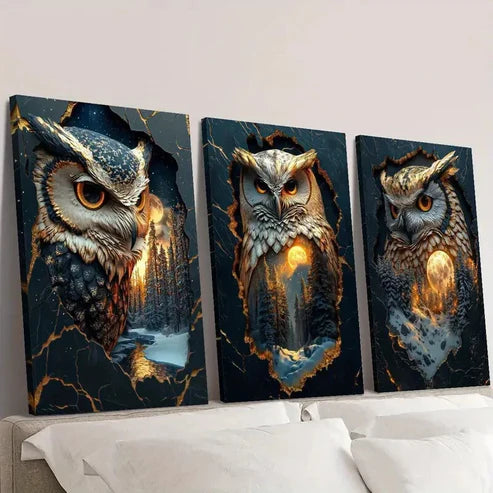 3pcs Mystical Fantasy Owl Guardian Portrait Wall Art Canvas Unframed - High Quality Print 100% Australian Made Wall Canvas