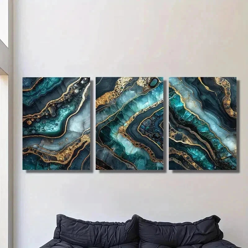 3pcs Green Gold Marble Texture Mural Wall Art Set Canvas Framed 40x60cm - High Quality Print 100% Australian Made Wall Canvas Ready to Hang