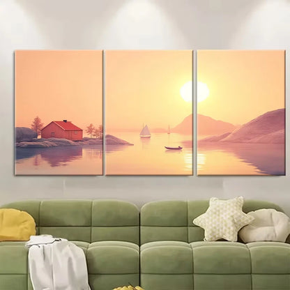 3pcs red cabins, granite islands, calm sea Metal Print Ready to Hang Art