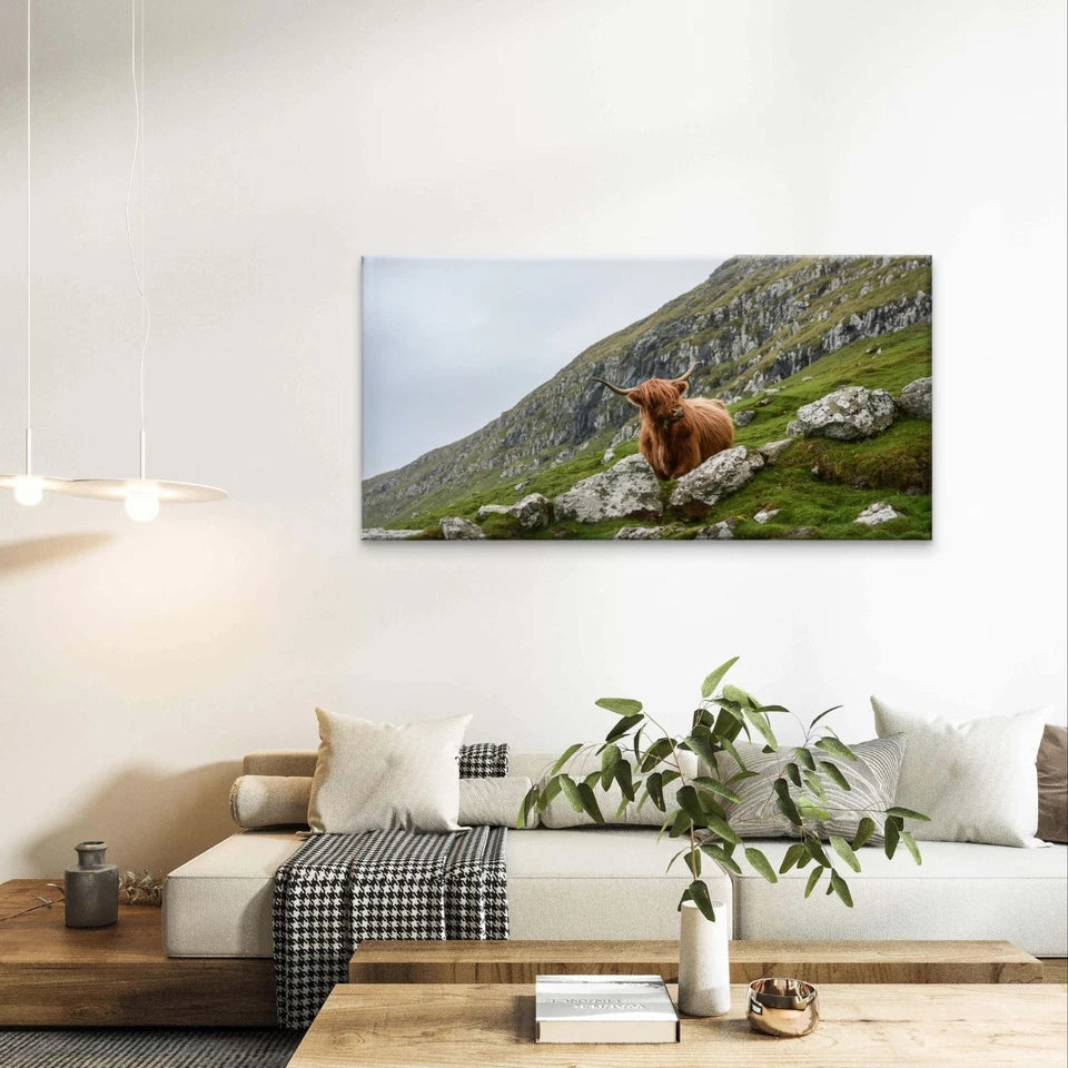 Highland Cow on a Green Hillside Wall Art Canvas Office Home Framed 120x60cm