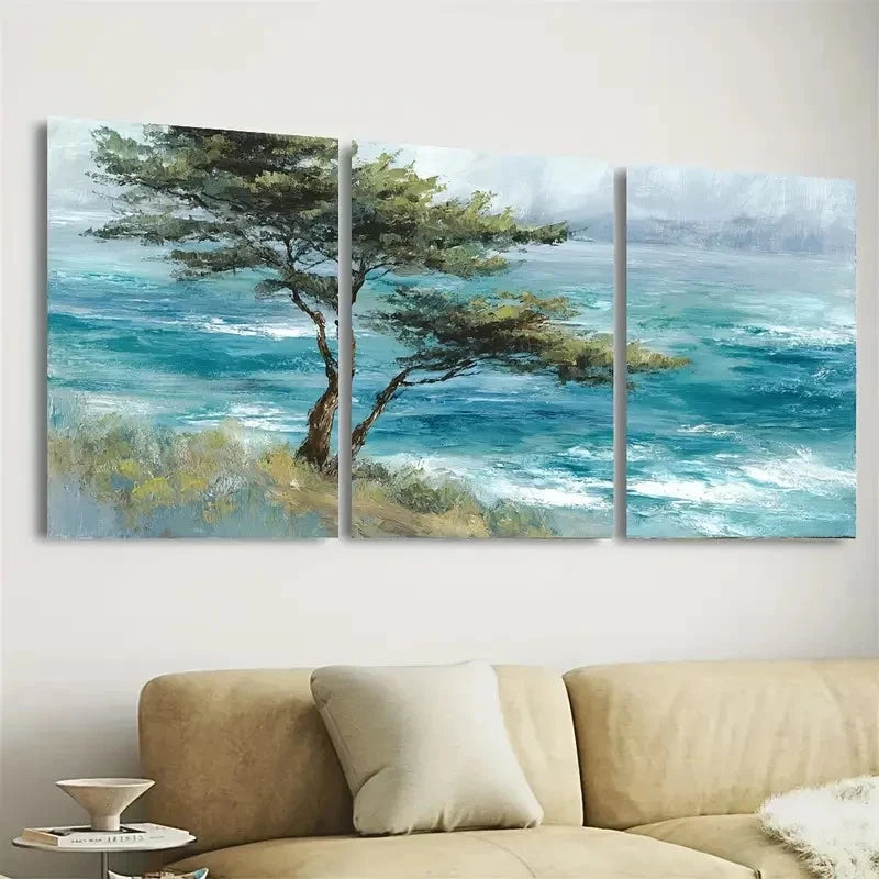 3pcs Coastal Whisper Pine Trees Modern Seascape Wall Art Set Canvas Framed 40x60cm - High Quality Print 100% Australian Made Wall Canvas Ready to Hang