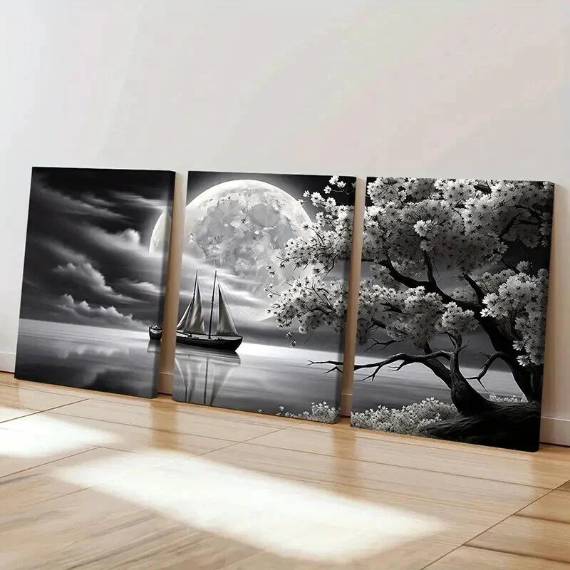 3pcs Boat River Moon Cherry Blossoms Wall Art Set Canvas Framed 40x60cm - High Quality Print 100% Australian Made Wall Canvas Ready to Hang