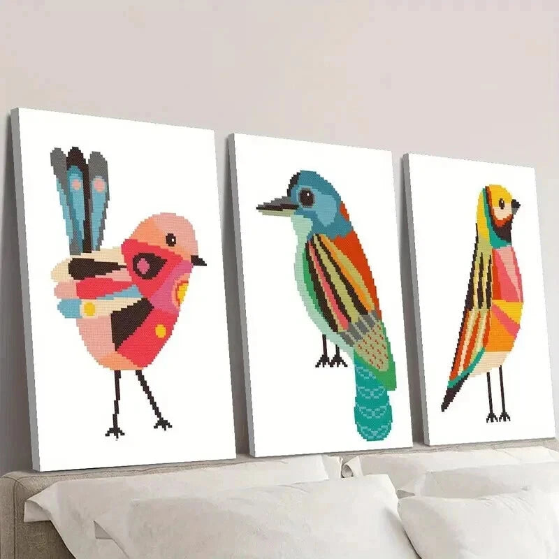 3pcs Geometric Birds Cross Stitch Pattern Wall Art Set Canvas Framed 60x90cm - High Quality Print 100% Australian Made Wall Canvas Ready to Hang