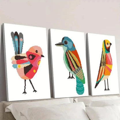 3pcs Geometric Birds Cross Stitch Pattern Wall Art Set Canvas Framed 60x90cm - High Quality Print 100% Australian Made Wall Canvas Ready to Hang