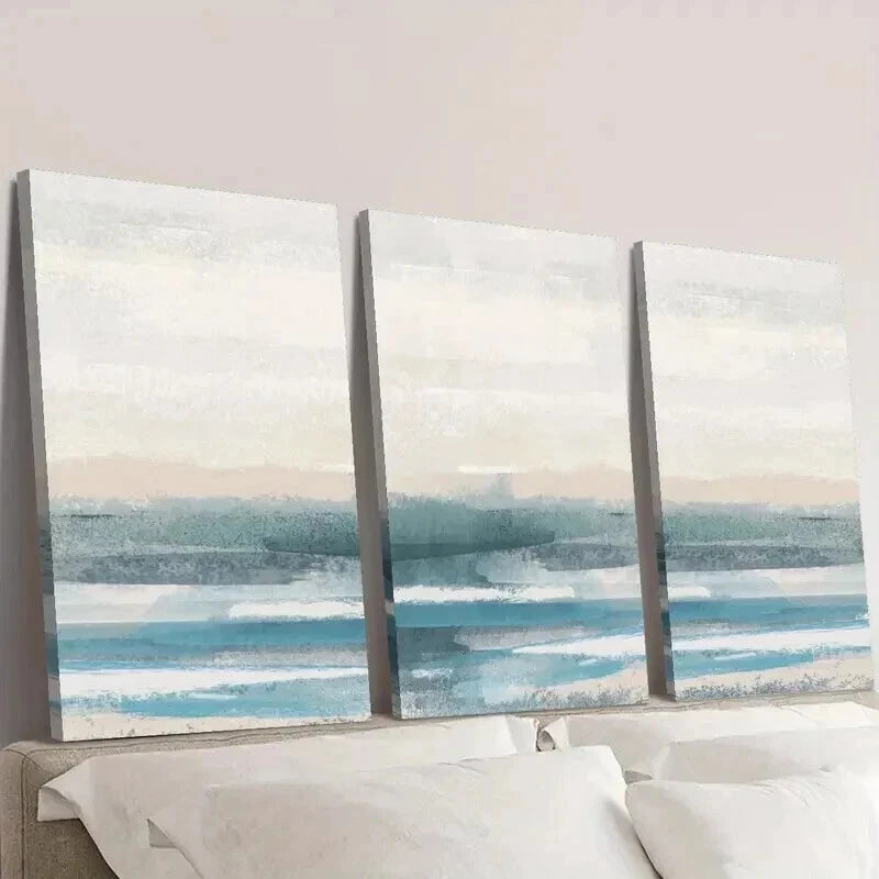 3pcs Abstract Watercolor Blue Ocean Landscape Wall Art Set Canvas Framed 40x60cm - High Quality Print 100% Australian Made Wall Canvas Ready to Hang