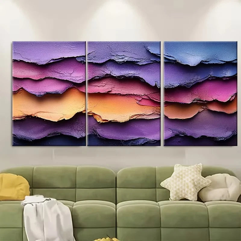 3pcs Purple Dried Paint Abstract Rainbow Edge Metal Print Ready to Hang Art