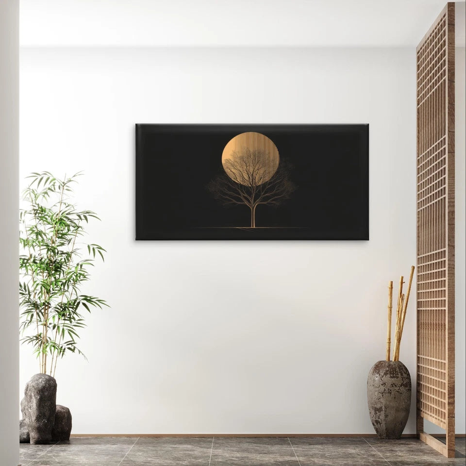 Golden Tree Silhouette Abstract Sun Wall Art Canvas Office Home Framed 120x60cm