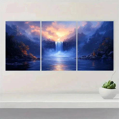 3pcs Glowing Blue Waterfall Wall Art Canvas Unframed - High Quality Print 100% Australian Made Wall Canvas