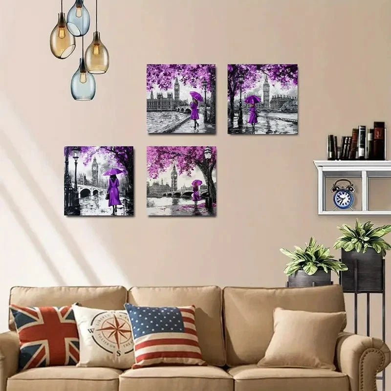 4pcsPurple Tree & Big Ben Scene,Wall Art Canvas Framed
