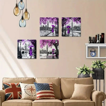 4pcsPurple Tree & Big Ben Scene,Wall Art Canvas Framed