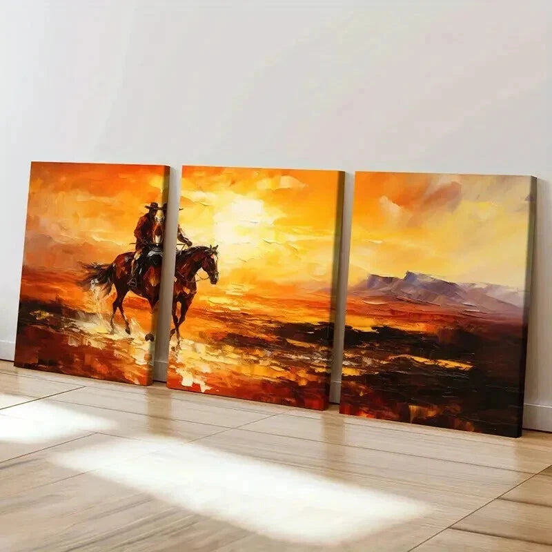 3pcs Cowboy on Horse in Sunset Landscape Wall Art Set Canvas Framed 40x60cm - High Quality Print 100% Australian Made Wall Canvas Ready to Hang
