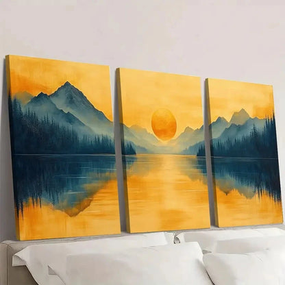 3pcs Serene Mountain Lake Scene Golden Wall Art Set Canvas Framed 40x60cm - High Quality Print 100% Australian Made Wall Canvas Ready to Hang