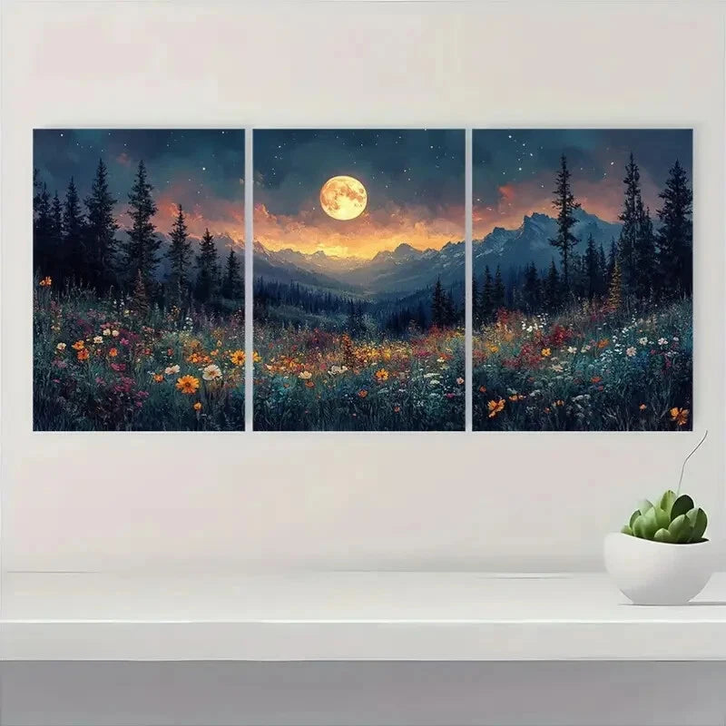 3pcs Moonlit Forest Wildflowers with Pine Metal Print Ready to Hang Art