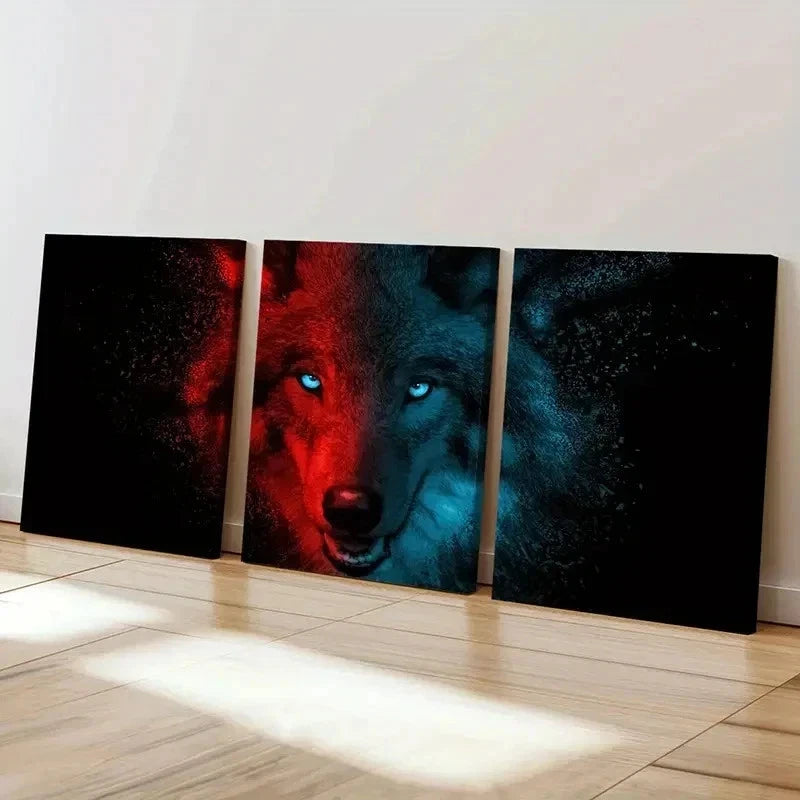 3pcs Dark style Red And Blue Wolf Animal Wall Art Set Canvas Framed 40x60cm - High Quality Print 100% Australian Made Wall Canvas Ready to Hang