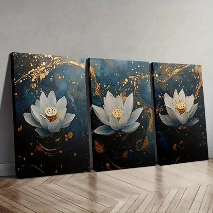 3pcs Elegant Blue & Golden for Lotus Flower Wall Art Set Canvas Framed 60x90cm - High Quality Print 100% Australian Made Wall Canvas Ready to Hang