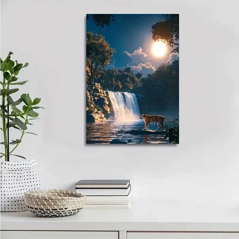 Tiger Waterfall At Sunset Hyper Realistic Painting 40x60cm Metal Print Ready to Hang