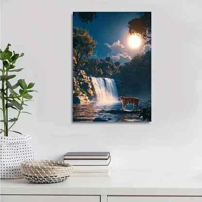 Tiger Waterfall At Sunset Hyper Realistic Painting 40x60cm Metal Print Ready to Hang
