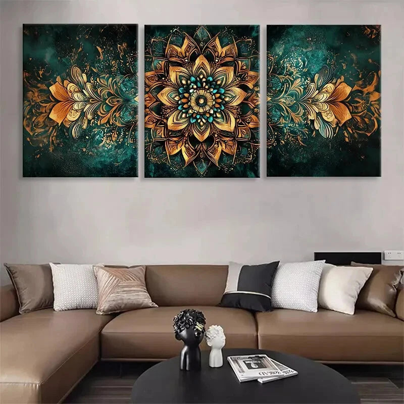3pcs Golden Mandala Geometric Panel Perfect Wall Art Set Canvas Framed 40x60cm - High Quality Print 100% Australian Made Wall Canvas Ready to Hang