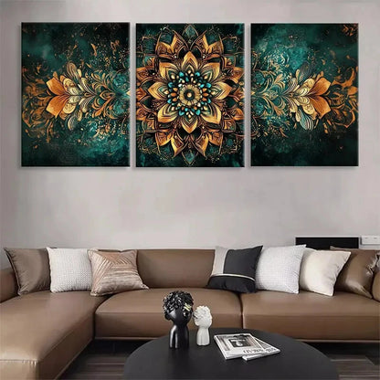 3pcs Golden Mandala Geometric Panel Perfect Wall Art Set Canvas Framed 40x60cm - High Quality Print 100% Australian Made Wall Canvas Ready to Hang