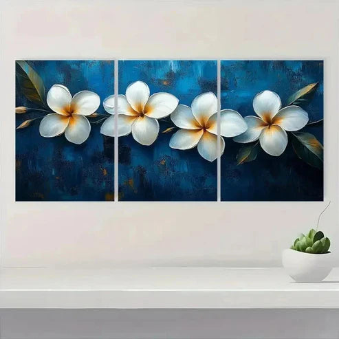 3pcs White Plumeria Flower Tropical Blue ER Wall Art Set Canvas Unframed - High Quality Print 100% Australian Made Wall Canvas - Bella Home Decor