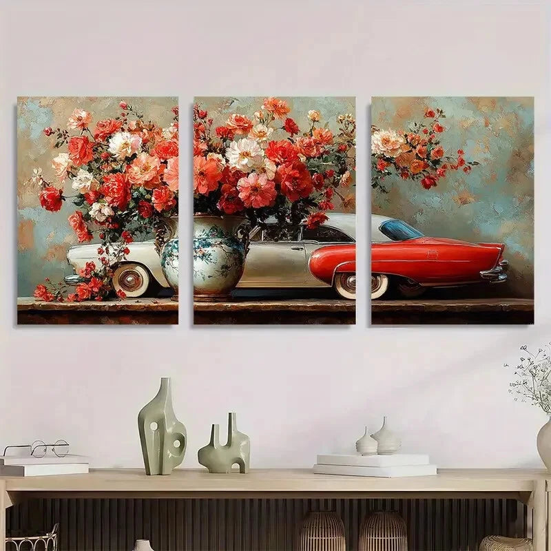 3pcs Painting of Flowers an Old Vase White Car Metal Print Ready to Hang Art