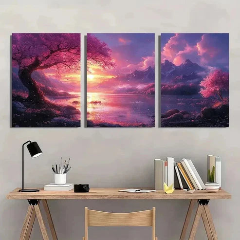 3pcs Pink Blossom Tree & Fantasy Landscape Wall Art Canvas Unframed - High Quality Print 100% Australian Made Wall Canvas