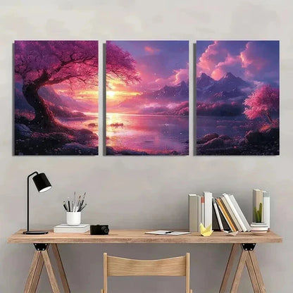 3pcs Pink Blossom Tree & Fantasy Landscape Wall Art Canvas Unframed - High Quality Print 100% Australian Made Wall Canvas