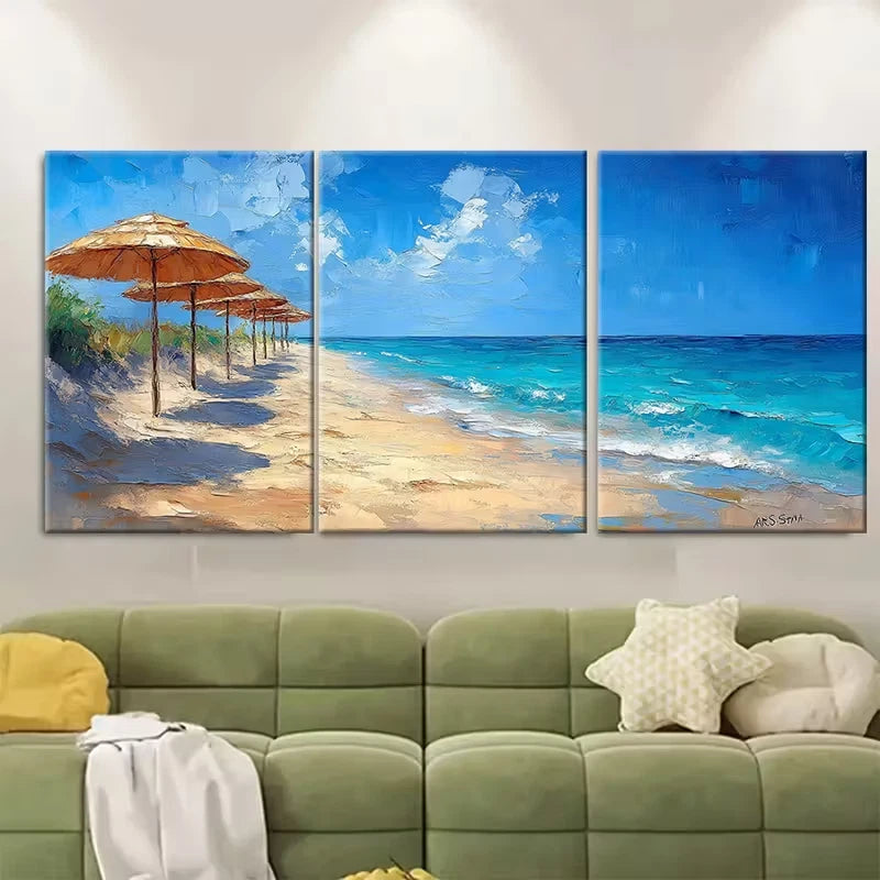 3pcs Beach Umbrellas Oil Painting Coastal Summer Metal Print Ready to Hang Art