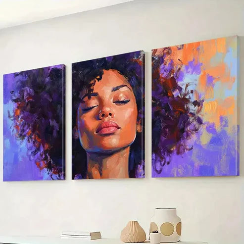 3pcs Vibrant Purple Hair & Expressive Face Wall Art Set Canvas Framed 60x90cm - High Quality Print 100% Australian Made Wall Canvas Ready to Hang