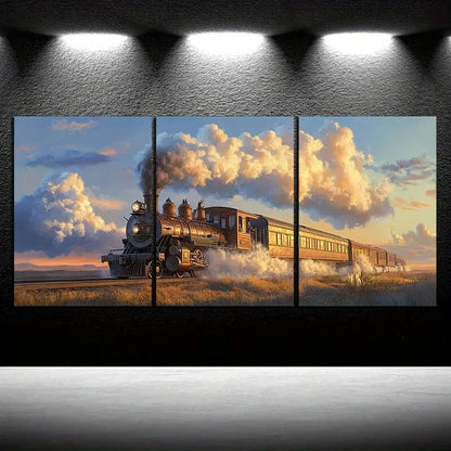 3pcs Freight Train Smoke Capped Metal Print Ready to Hang Art