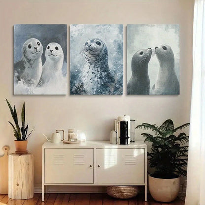 3pcs Ocean Life Sea Lion Walrus & Seal Metal Print Ready to Hang Art