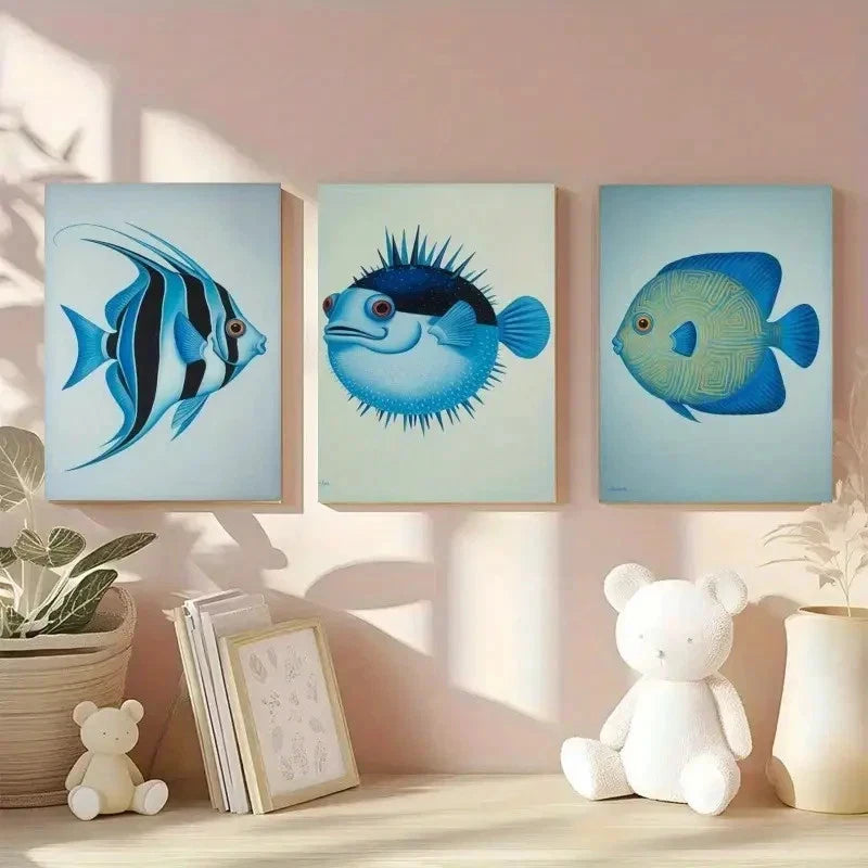 3pcs Blue Fish Decorative Paint   Wall Art Set Canvas Framed 60x90cm - High Quality Print 100% Australian Made Wall Canvas Ready to Hang