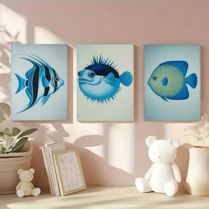 3pcs Blue Fish Decorative Paint   Wall Art Set Canvas Framed 60x90cm - High Quality Print 100% Australian Made Wall Canvas Ready to Hang