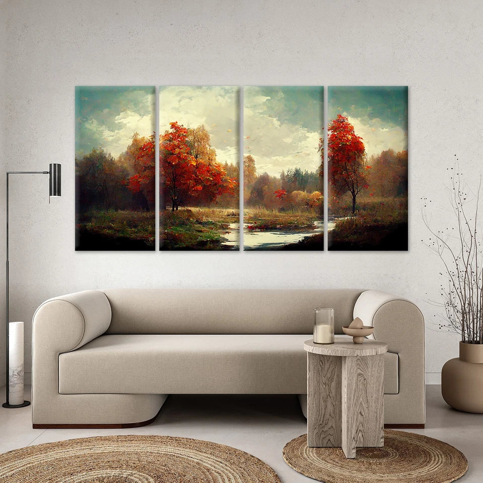 4pcs Autumn Landscape River and Red Trees Wall Art Canvas Framed 45x80cm - High Quality Print 100% Australian Made Wall Canvas Ready to Hang