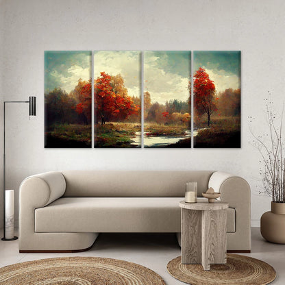 4pcs Autumn Landscape River and Red Trees Wall Art Canvas Framed 45x80cm - High Quality Print 100% Australian Made Wall Canvas Ready to Hang