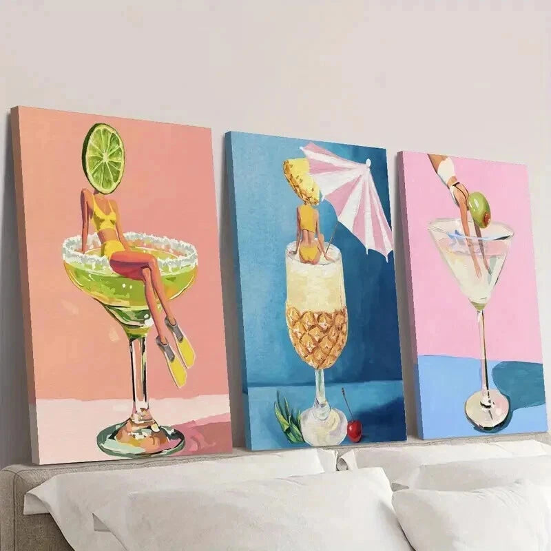 3pcs Woman in Cocktail Wine Glass Wall Art Set Canvas Framed 50x70cm - High Quality Print 100% Australian Made Wall Canvas Ready to Hang