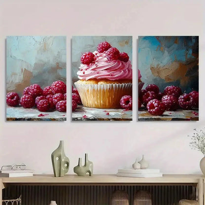 3pcs Berries Cupcake Dessert Neutral Perfect Wall Art Set Canvas Framed 40x60cm - High Quality Print 100% Australian Made Wall Canvas Ready to Hang