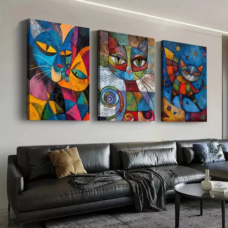 3pcs Multi Colored Abstract Fashion Cat Animal Wall Art Set Canvas Framed 50x70cm - High Quality Print 100% Australian Made Wall Canvas Ready to Hang - Bella Home Decor