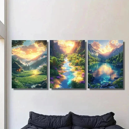 3pcs Beautiful Scenery of Waterfalls and Flowers Wall Art Set Canvas Framed 40x60cm - High Quality Print 100% Australian Made Wall Canvas Ready to Hang