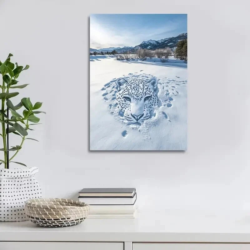 Beautiful Contemporary Leopard in Snow Painting 40x60cm Metal Print Ready to Hang